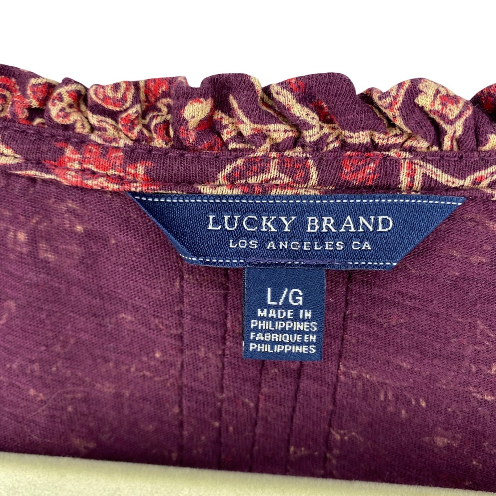Lucky Brand Womens Burgundy Paisley Floral Tassel Tie Boho Blouse Large L/G - Picture 3 of 14
